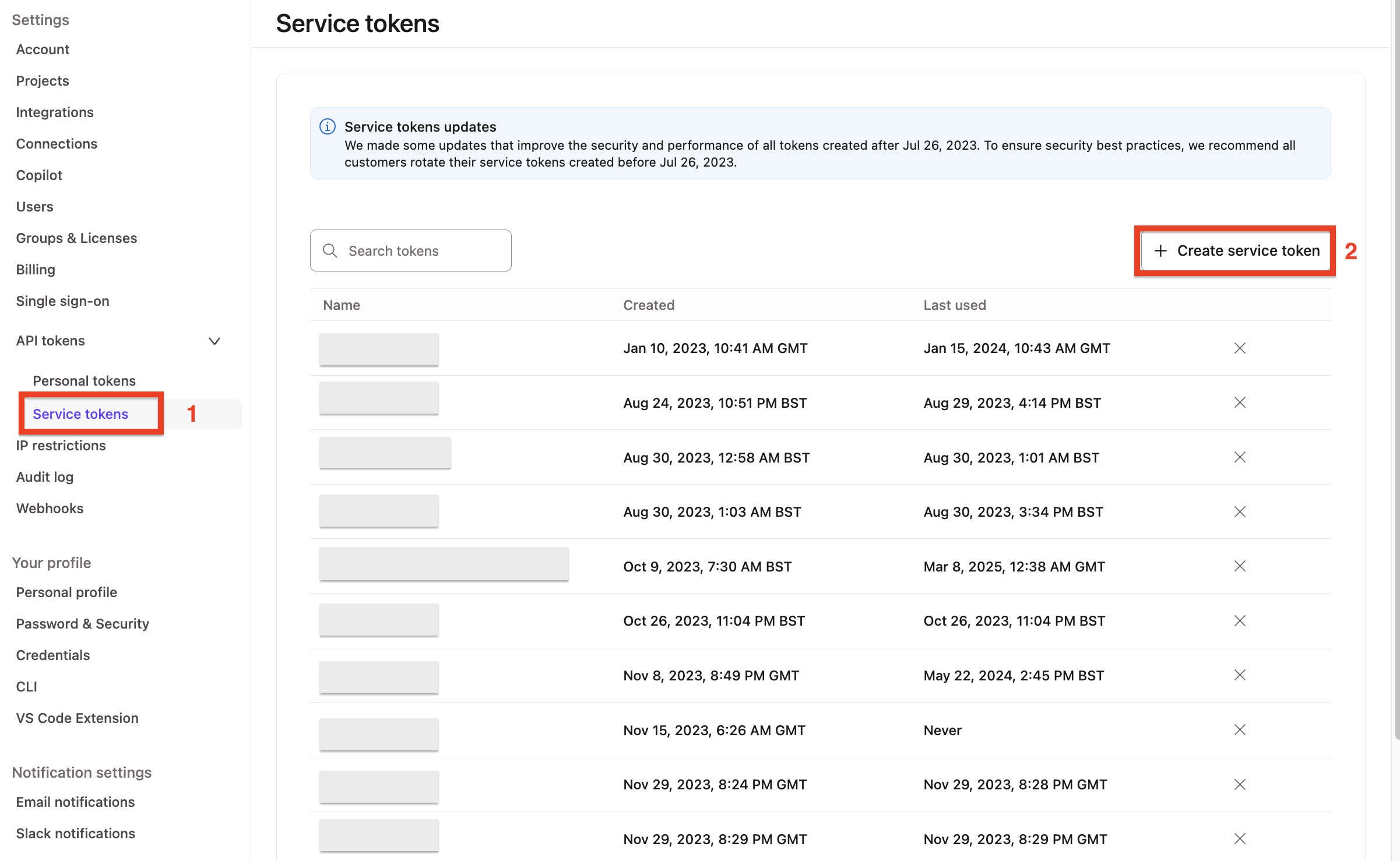 View of the dbt page where service tokens are created